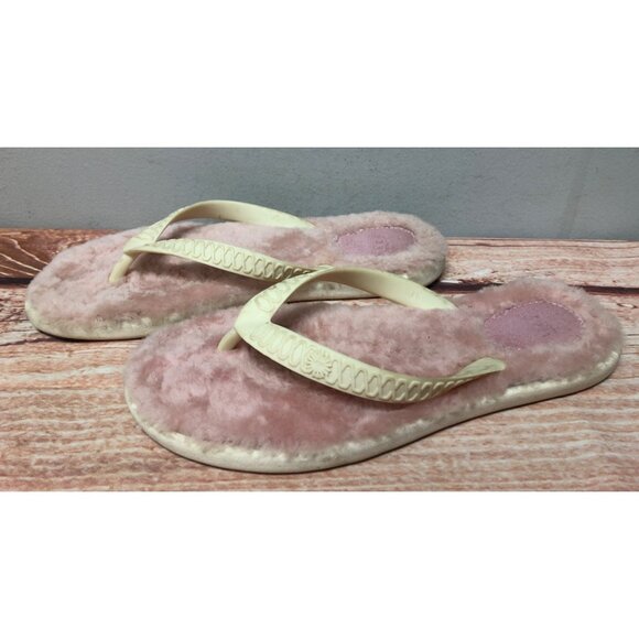 UGG Cream Pink Lined Fuzzy Shearling Flip Flops Sandals Womens 8 (8m44) - Picture 1 of 10